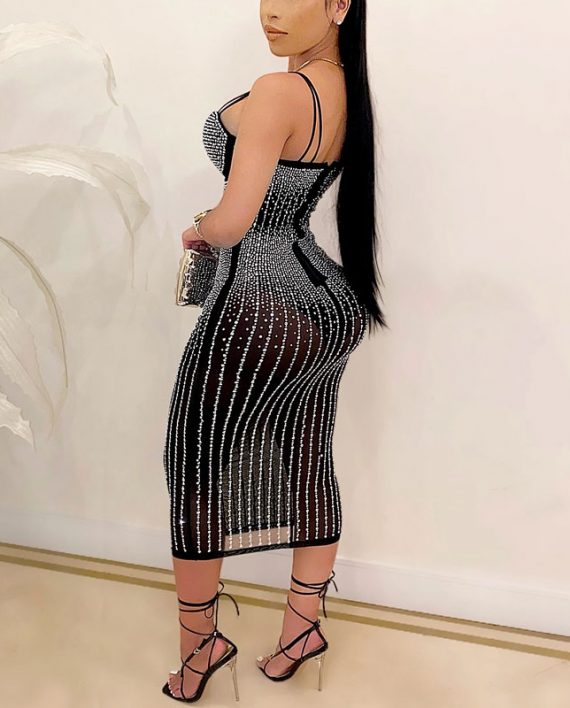 White Rhinestone Sleeveless See Through Party Midi Dress