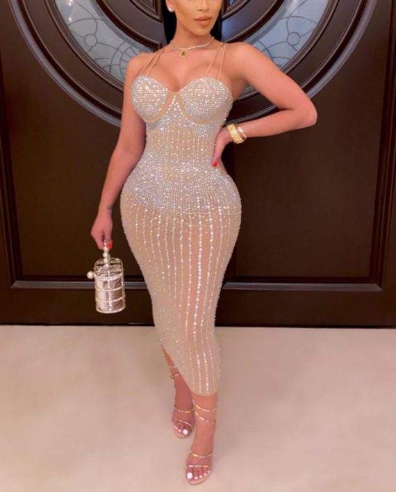 White Rhinestone Sleeveless See Through Party Midi Dress