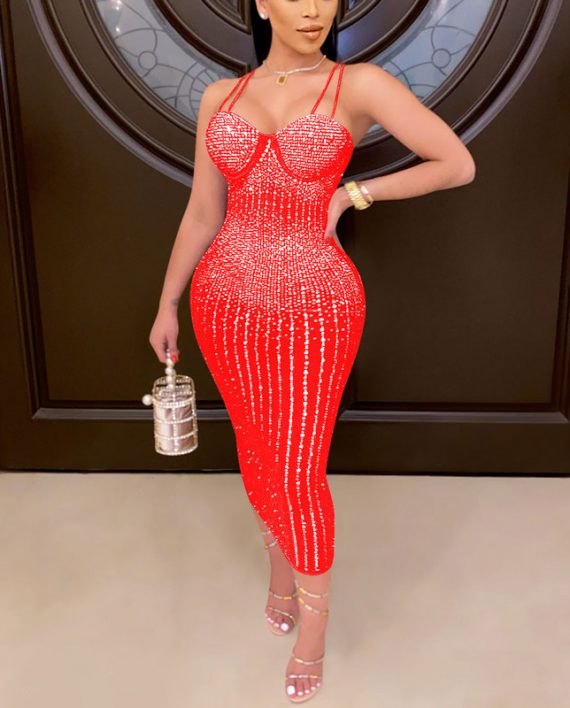 White Rhinestone Sleeveless See Through Party Midi Dress