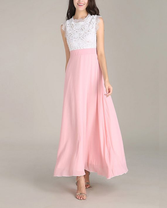 Women Elegant Round Neck Lace Maxi Dress