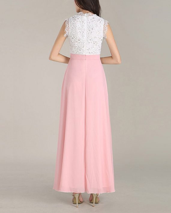 Women Elegant Round Neck Lace Maxi Dress