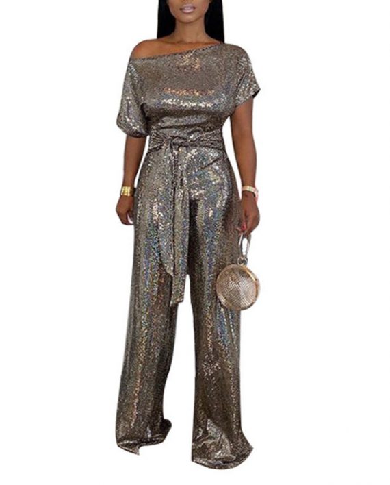 Womens Glimmering Champagne Wide Leg Jumpsuit