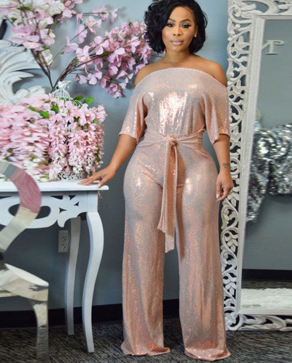 Womens Glimmering Champagne Wide Leg Jumpsuit