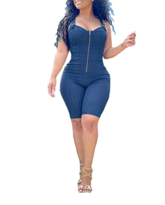 Summer Basic Bodycon Ally Denim Zipper Romper Jumpsuit