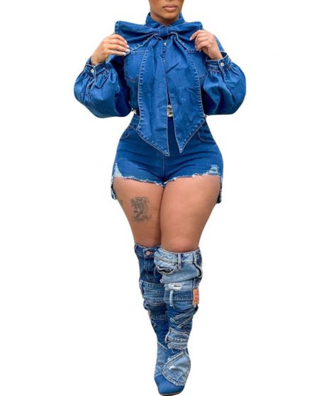 Big Bow Street fashion Denim Short Jumpsuit