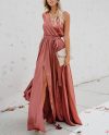 Solid V Neck Knotted Slit Elegant Sleeveless Maxi Dresses For Women