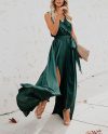 Solid V Neck Knotted Slit Elegant Sleeveless Maxi Dresses For Women