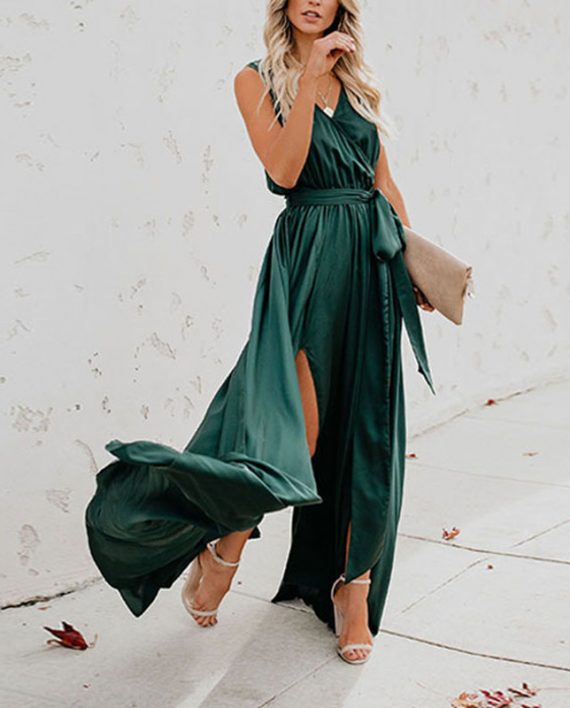 Solid V Neck Knotted Slit Elegant Sleeveless Maxi Dresses For Women