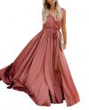 Solid V Neck Knotted Slit Elegant Sleeveless Maxi Dresses For Women