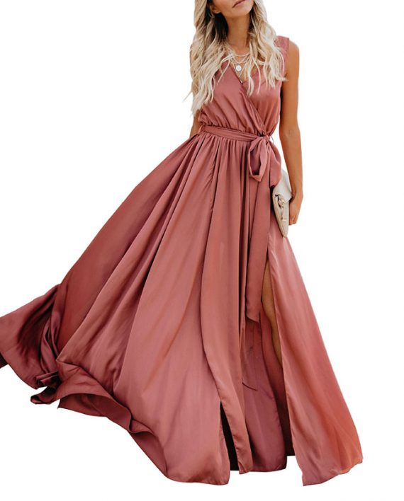 Solid V Neck Knotted Slit Elegant Sleeveless Maxi Dresses For Women