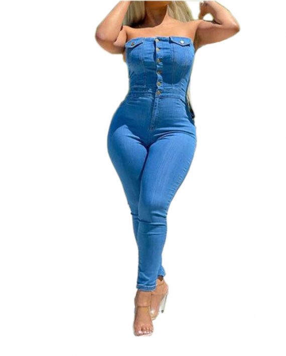 Denim Bodycon Off Shoulder Romper Jumpsuit