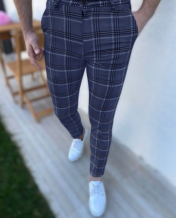 Men Casual Slant Pocket Plaid Pants