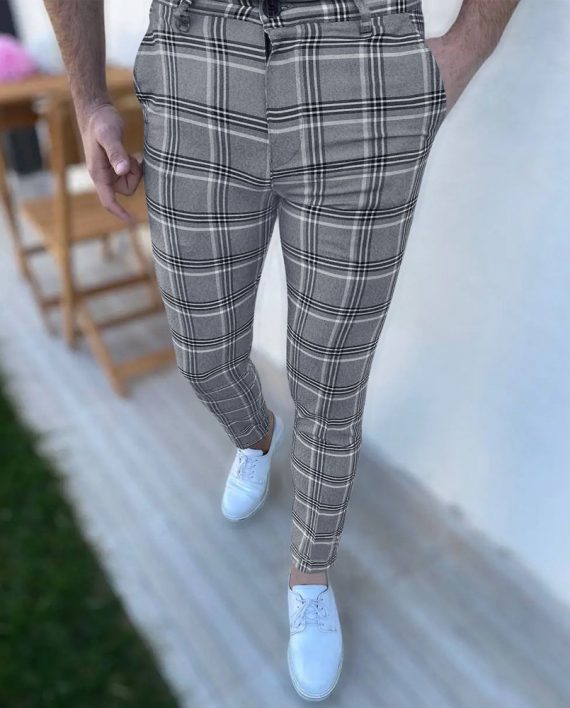 Men Casual Slant Pocket Plaid Pants