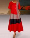 Multicolor Stitching Crew Neck Short Sleeve Loose Maxi Dress