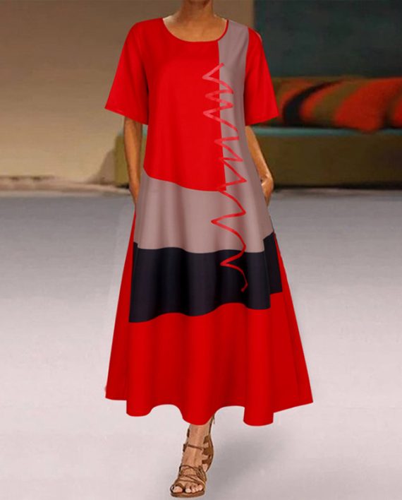 Multicolor Stitching Crew Neck Short Sleeve Loose Maxi Dress