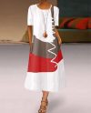 Multicolor Stitching Crew Neck Short Sleeve Loose Maxi Dress