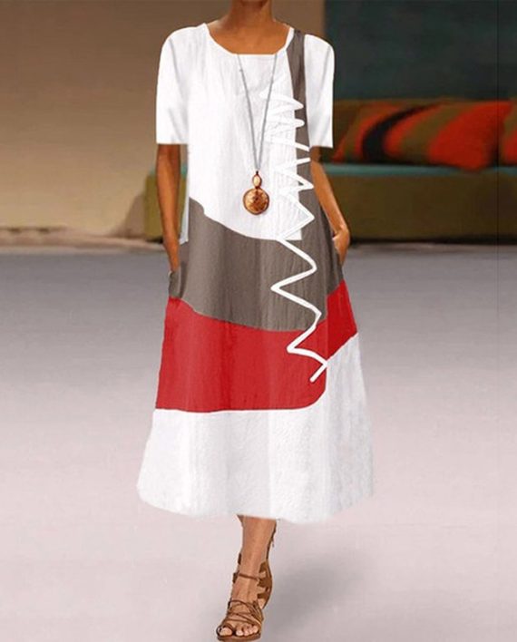 Multicolor Stitching Crew Neck Short Sleeve Loose Maxi Dress