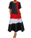 Multicolor Stitching Crew Neck Short Sleeve Loose Maxi Dress