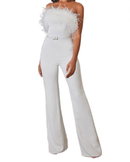 White Formal Elegant Feather Tube Top Tight Jumpsuit