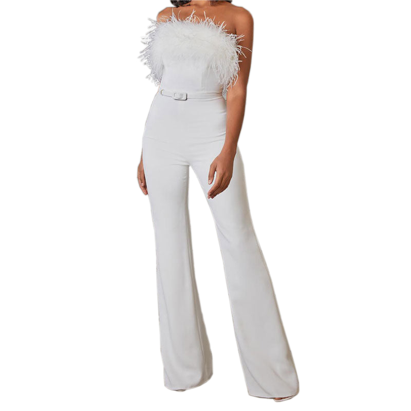 White Formal Elegant Feather Tube Top Tight Jumpsuit
