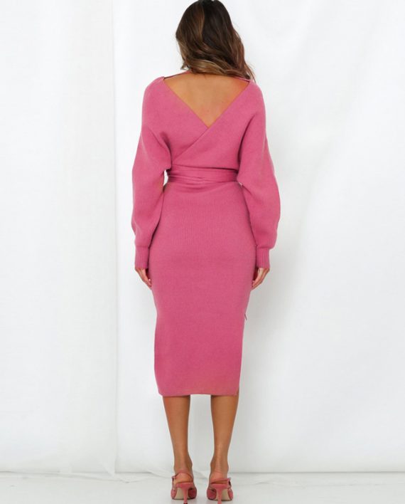 Charming Lady Polyester Long Sleeves V-Neck Sweater Dress