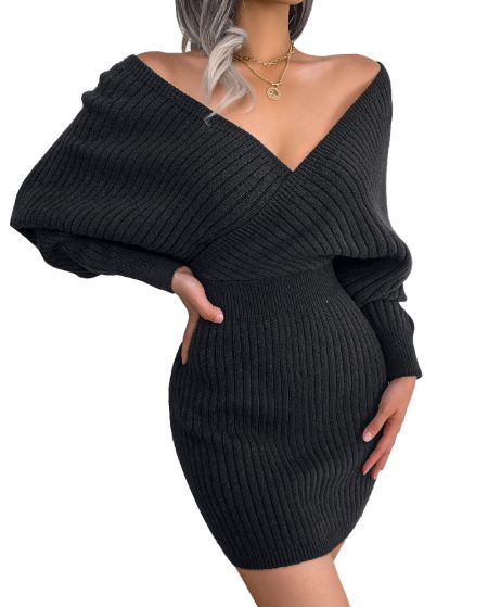 Women's Winter Knitted Beautiful Long Sleeves V-Neck Dresses