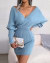 Women's Winter Knitted Beautiful Long Sleeves V-Neck Dresses