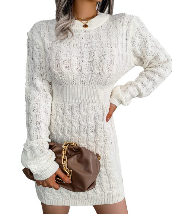 Women White Pullover Jewel Neck Layered Sweaters Dress