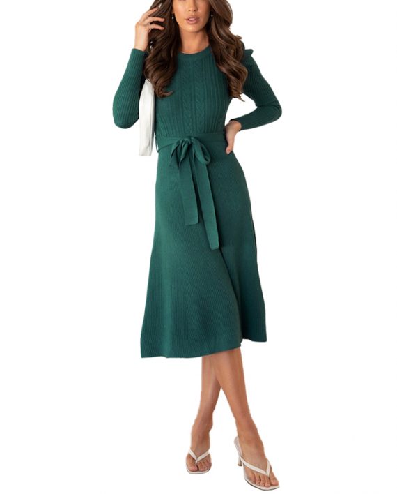 Charming Women's Green Polyester Long Sleeves Jewel Neck Sweater Dress