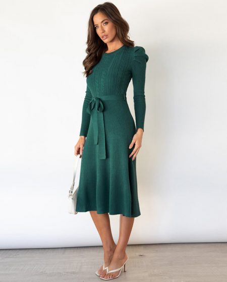 5-2Charming Women's Green Polyester Long Sleeves Jewel Neck Sweater Dress
