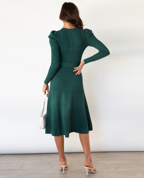 Charming Women's Green Polyester Long Sleeves Jewel Neck Sweater Dress