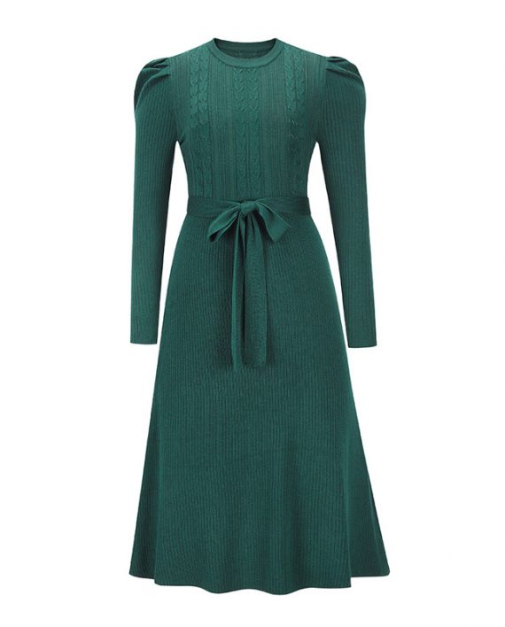 Charming Women's Green Polyester Long Sleeves Jewel Neck Sweater Dress
